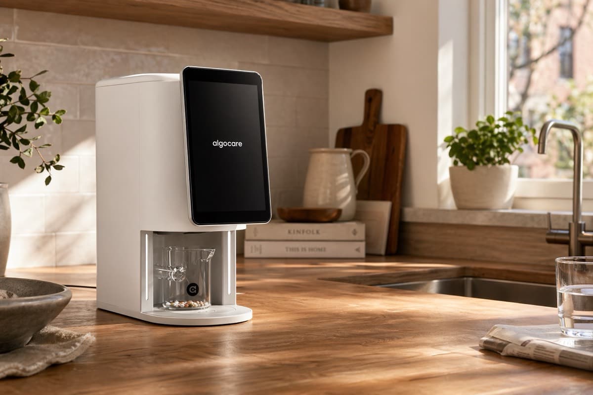 Brooklyn brownstone kitchen morning with the E1 on a reclaimed-oak counter.
