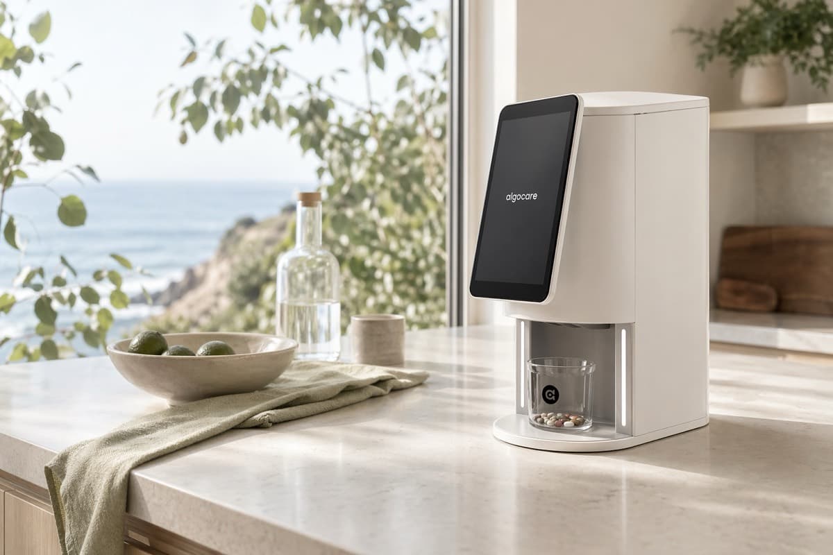 California coastal kitchen with the E1 near a window showing eucalyptus leaves.