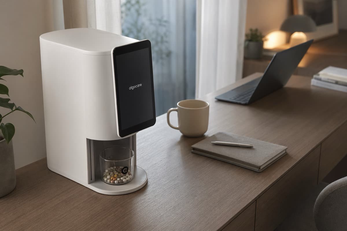 Lifestyle scene — evening wind-down with the E1 dispenser on a quiet home-office desk.