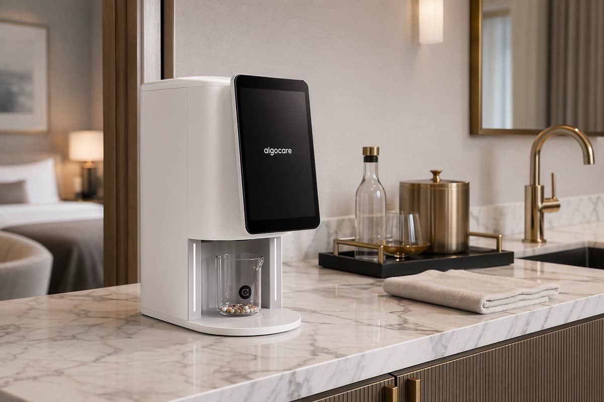 Upscale hotel suite wet-bar corner — E1 on white Calacatta marble with brass fixtures.