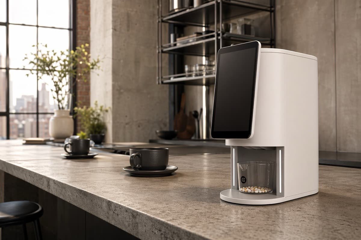 Industrial Tribeca loft kitchen with the E1 beside matte-black espresso cups.
