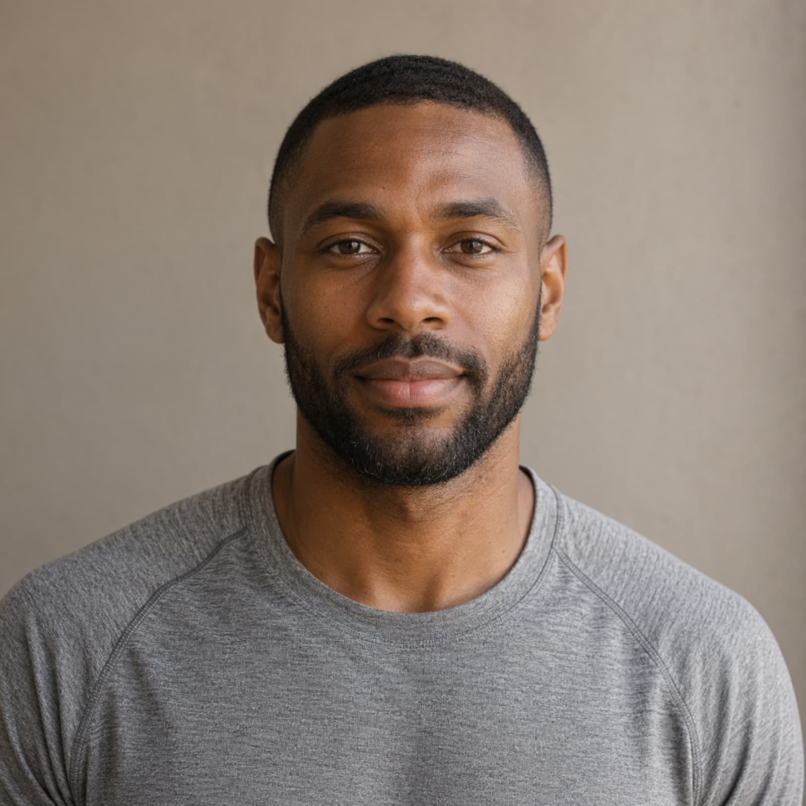Editorial front-facing portrait of a Black man in his early 30s in a heather-gray running tee.