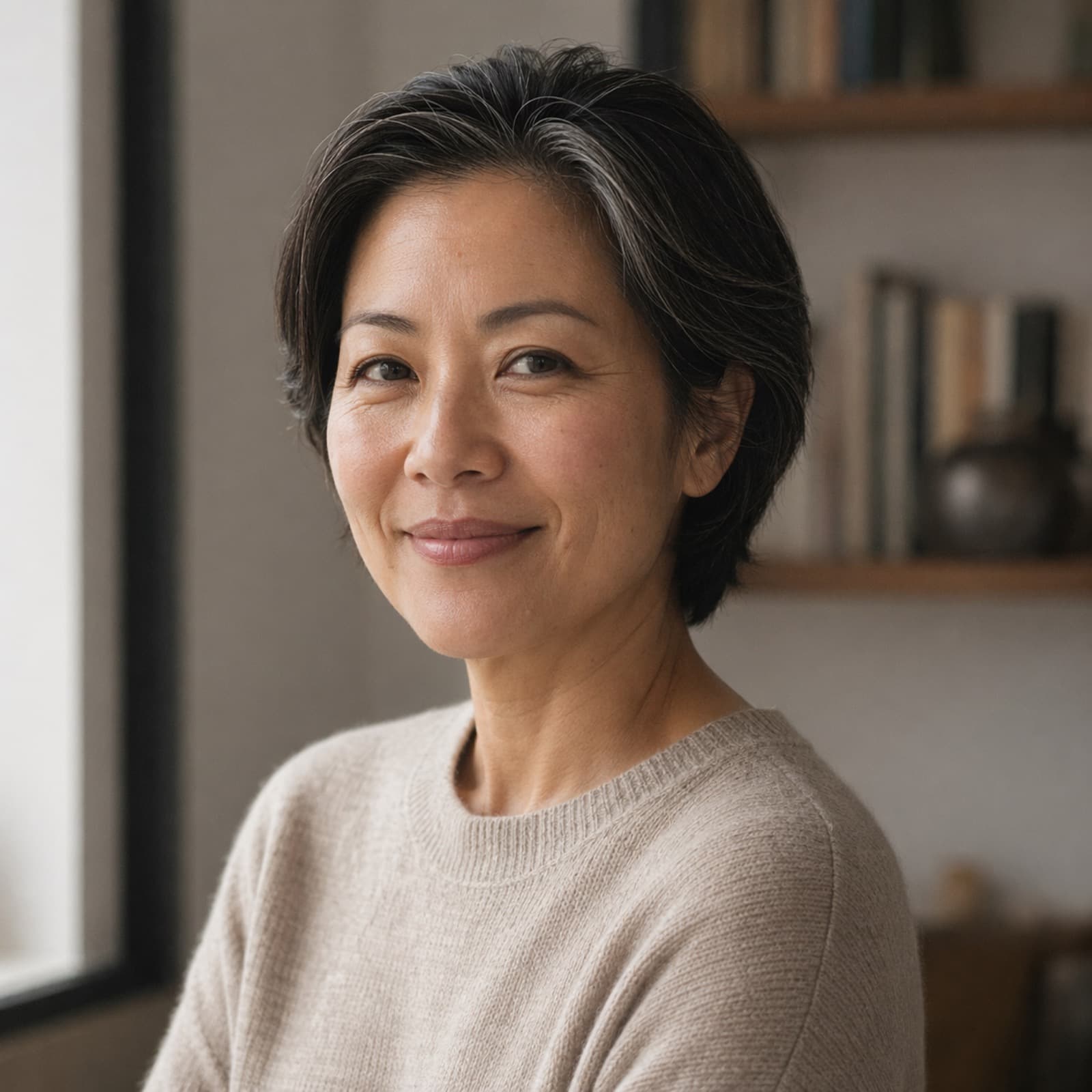 Editorial 3/4 portrait of an Asian-American woman in her early 40s in an oatmeal merino sweater.