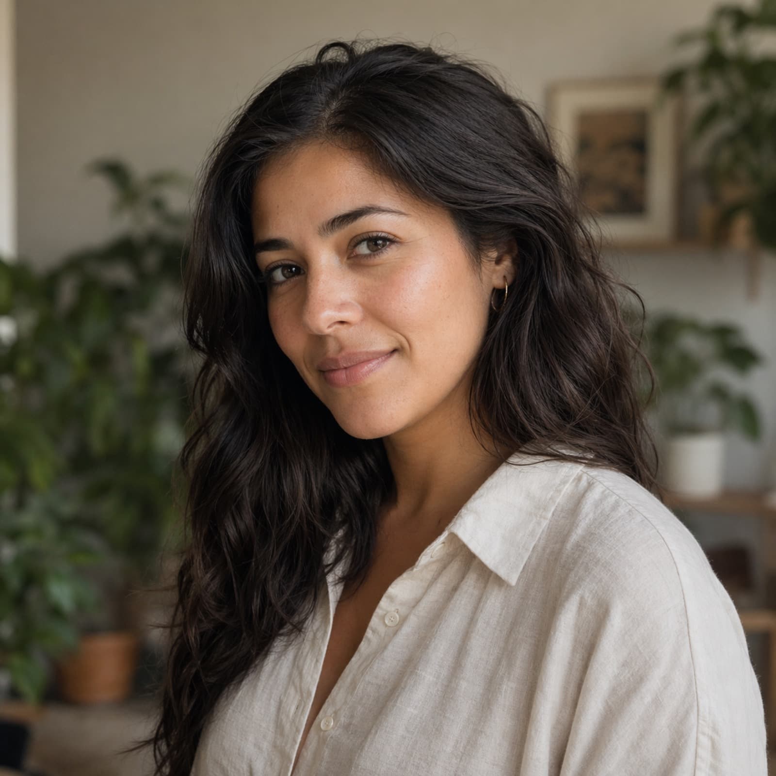 Editorial 3/4 portrait of a Latina woman in her late 20s in an ivory linen shirt.