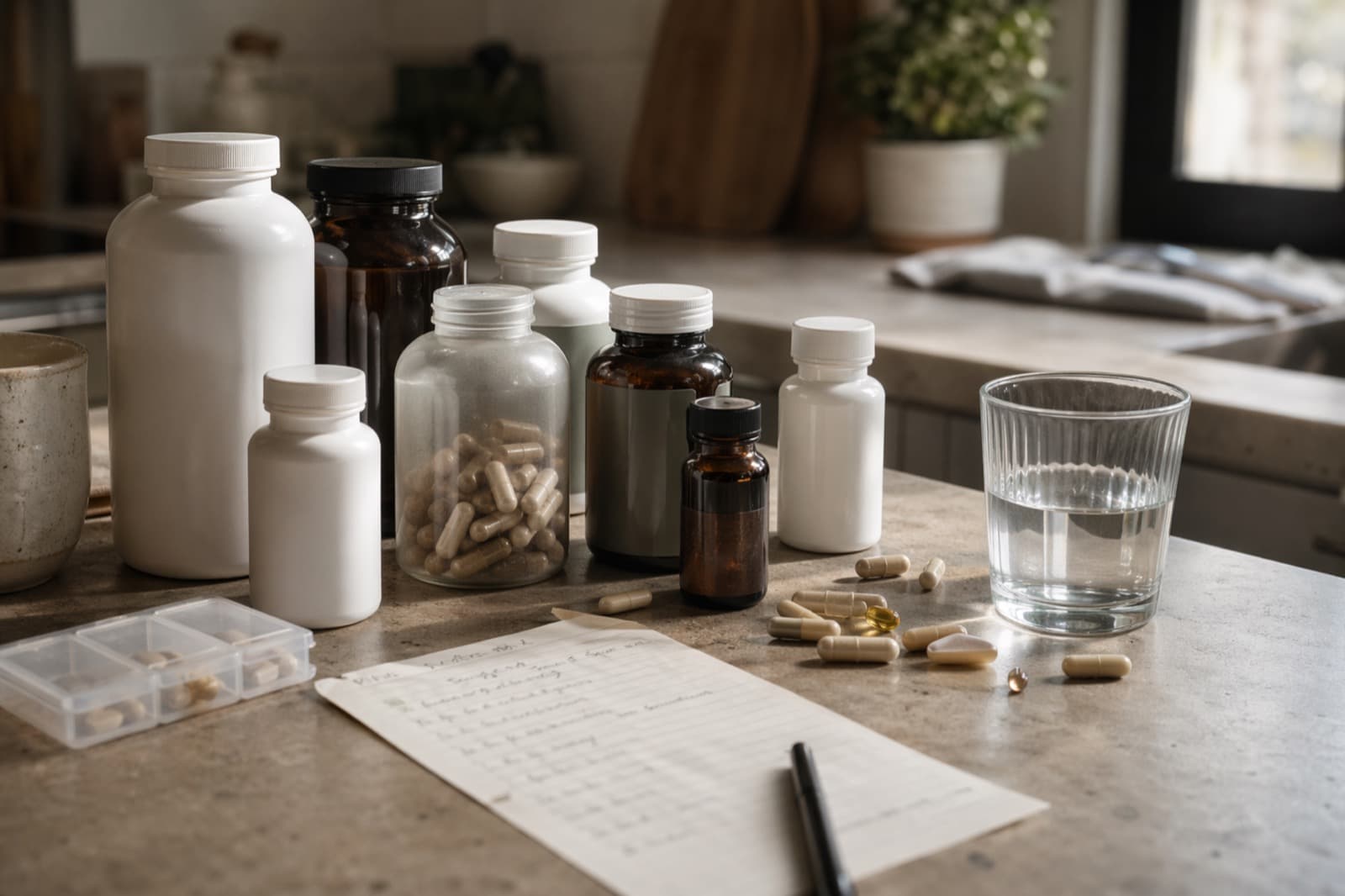 Counter with 6-8 assorted supplement bottles, a pill organizer, spilled capsules — the 'before' scene.