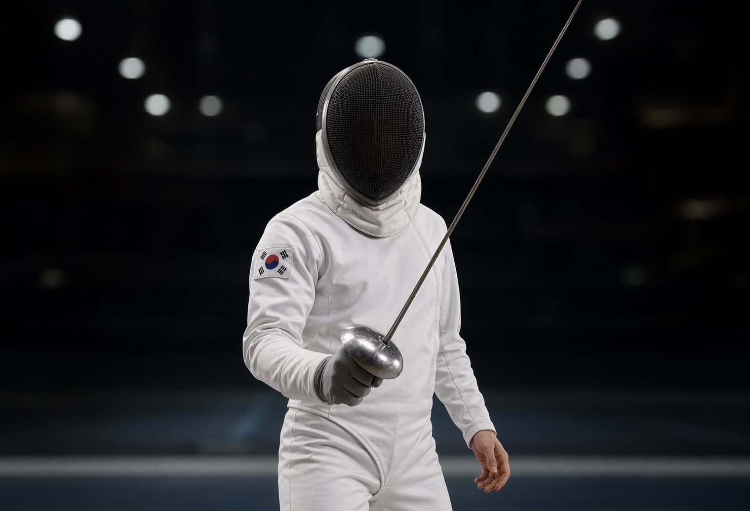 Korean fencer in white uniform with Taegeukgi patch holding an épée.
