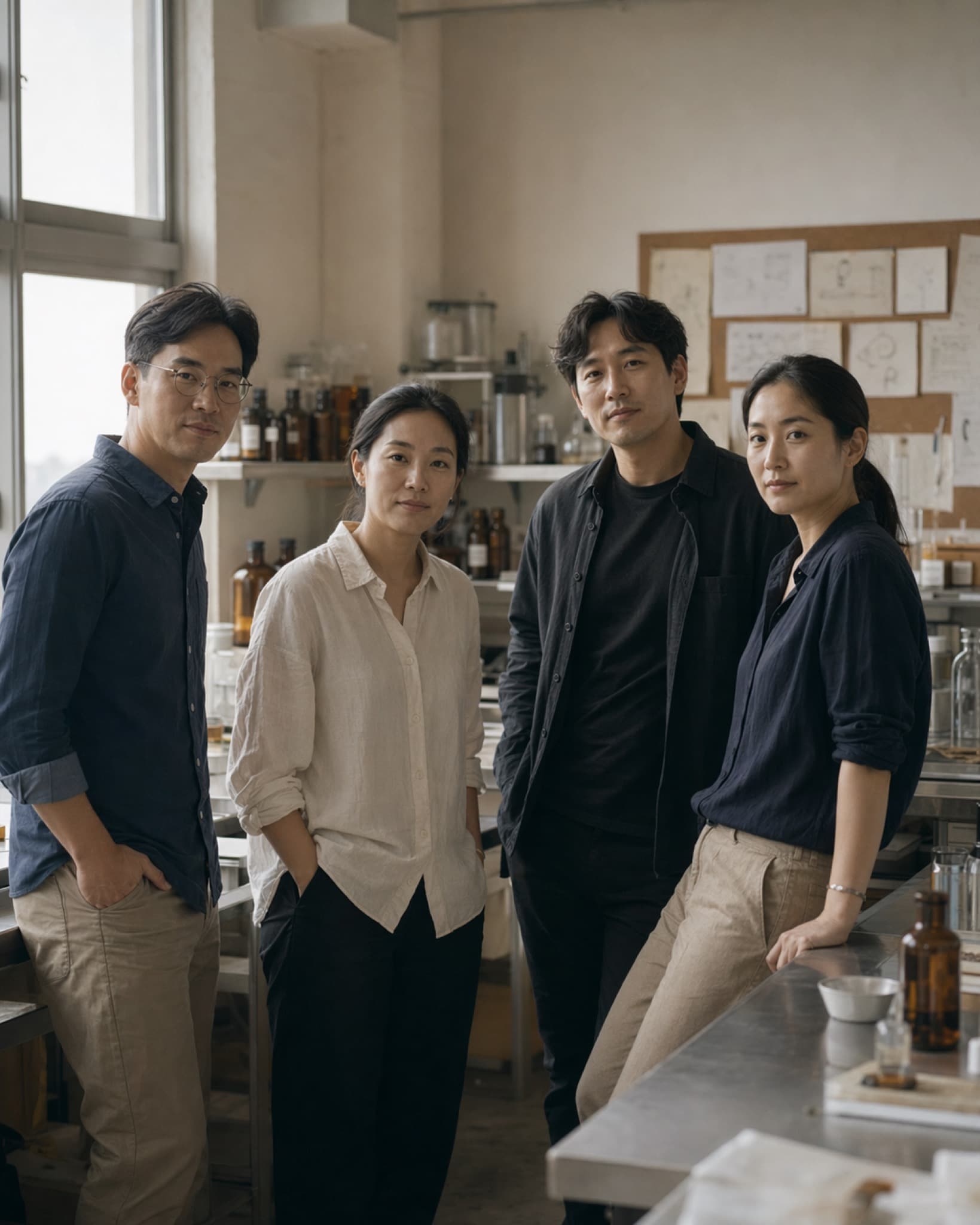 Founding team portrait — pharmacists and engineers in a lab workspace.